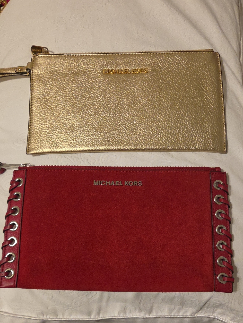 Michael Kors Gold Leather Wristlet & Red Suede Clutch Set